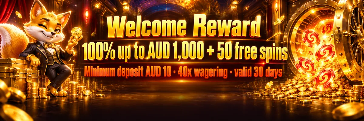 Golden fox mascot presenting a bright welcome reward inside a dark neon casino with yellow and orange lighting